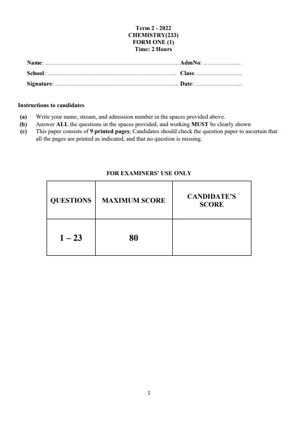 Form 1 Chemistry End of Term 2 Examination 2022 - 1308