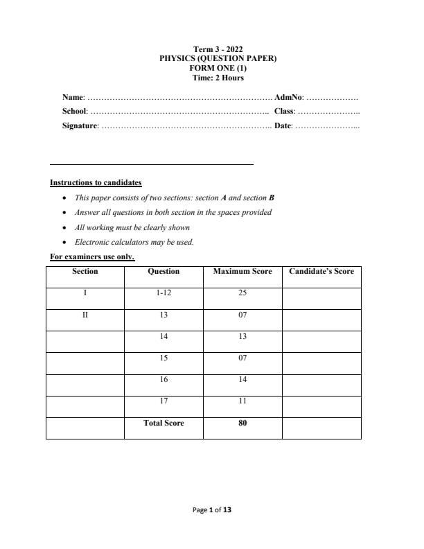 Form 1 Physics End of Term 3 Examination 2022 - 1405