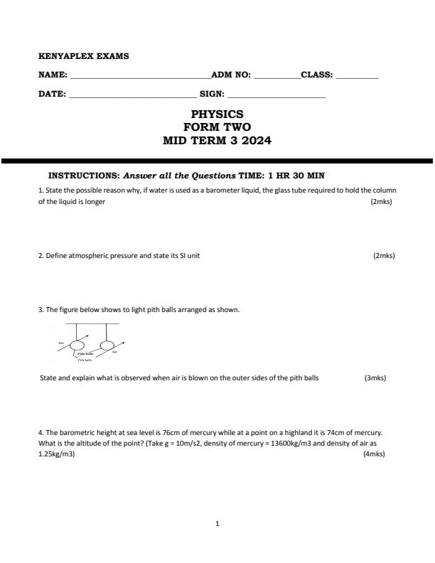 Form 2 Physics Mid Term 3 Examination 2024 - 3255