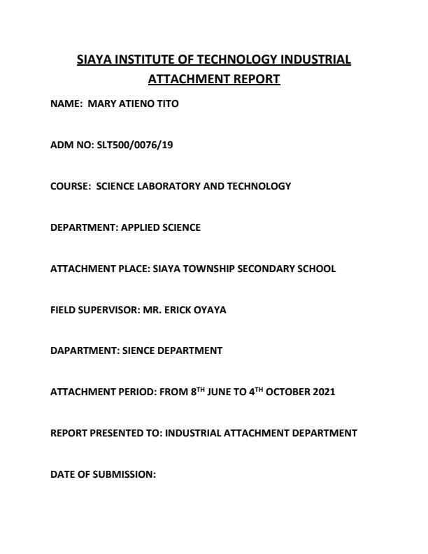 Sample Attachment Report For Certificate In Science Laboratory 