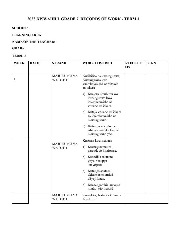 2023 Grade 7 Kiswahili records of work Term 3. - KLB Top Scholar - 14576