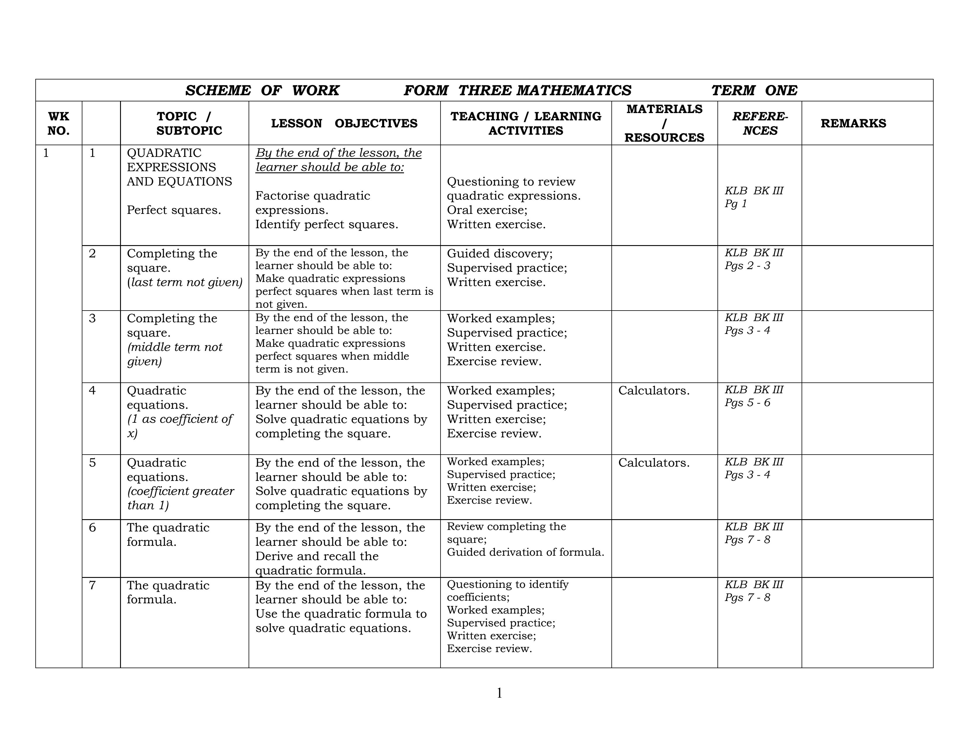 Form 3 Mathematics Schemes Of Work 425