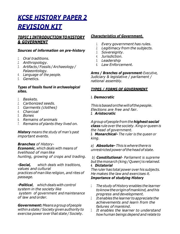 KCSE History Paper 2 Topical Questions And Answers 7247