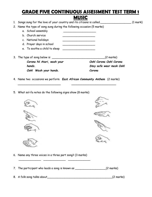 CBC Grade 5 Term 1 Music And Art And Craft Formative Assessment Test 