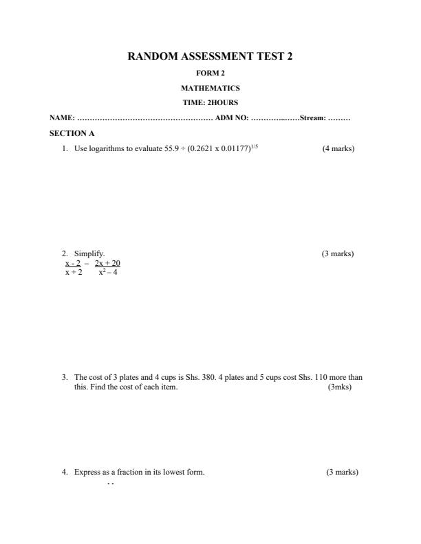 form 2 mathematics assignment