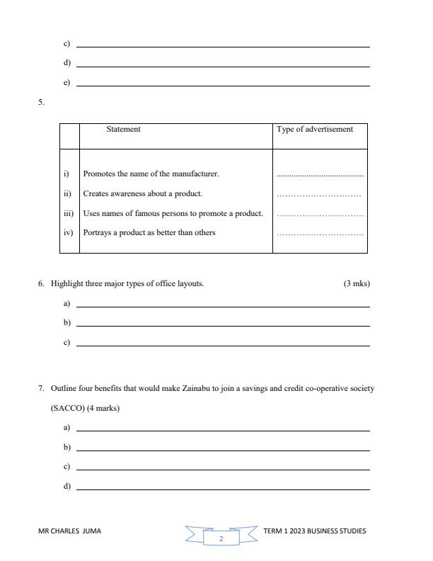 Form 3 Business Studies Paper 1 Opener C A T 1 Exam Term 1 2023 