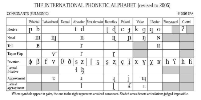 With the aid of a diagram, describe the consonant chart.