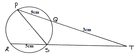 Two chords PQ and RS intersect at T outside the circle. If PQ=5cm